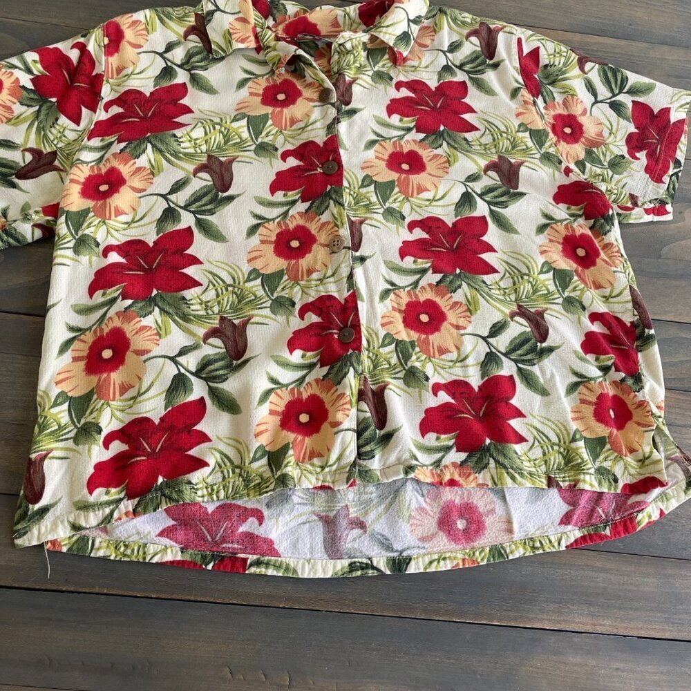 Palm Grove White Floral Hawaiian Button Front Shirt Womens Petite Large (C8) - Picture 5 of 8